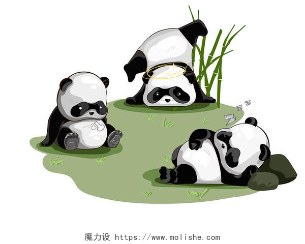开心玩耍熊猫午睡吃饱了摔倒了卡通动物PNG素